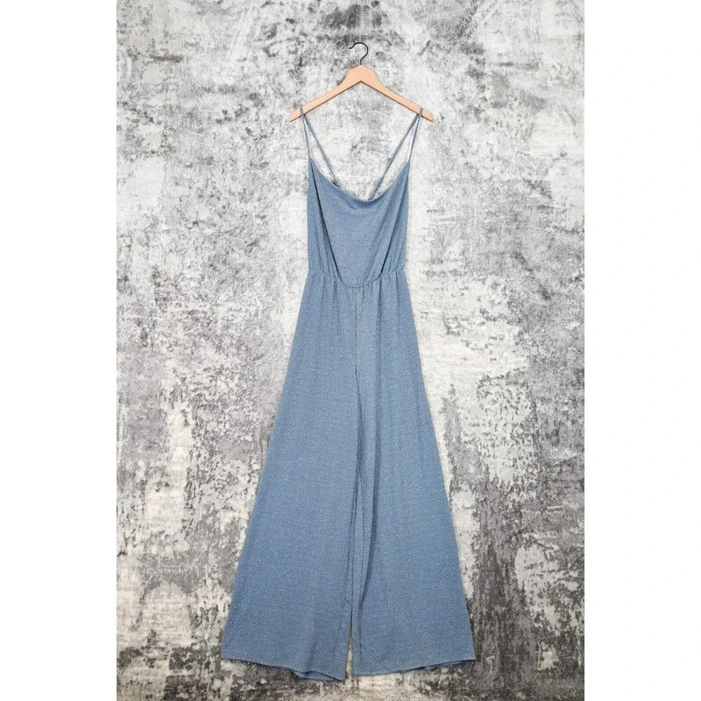 Urban Outfitters Blue Glitter Sleeveless Cross Back Wide Leg Jumpsuit Size L - Picture 1 of 5